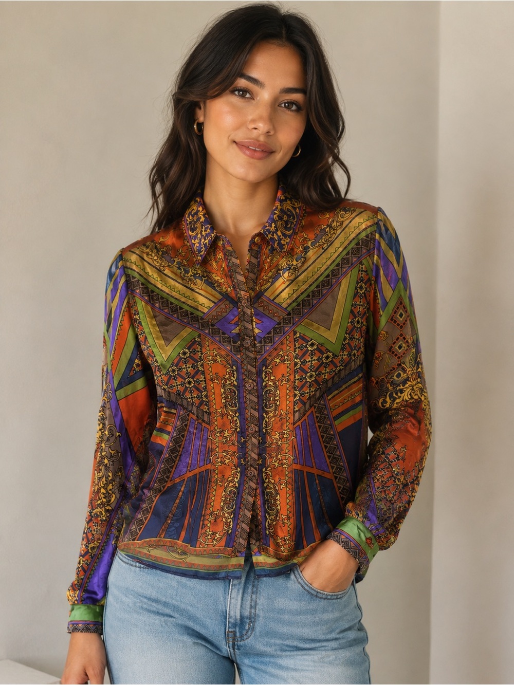 Flying Tomato Baroque Scarf Print Sheer Blouse Small Boho Button Down